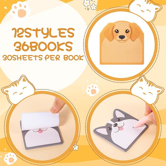 Maxdot 36 Pads 1080 Sheets Cute Sticky Notes, Fun Dog Sticky Notes Pad Self Adhesive Cartoon Memo Pads Bulk for Gift School Tab Office Home Supplies