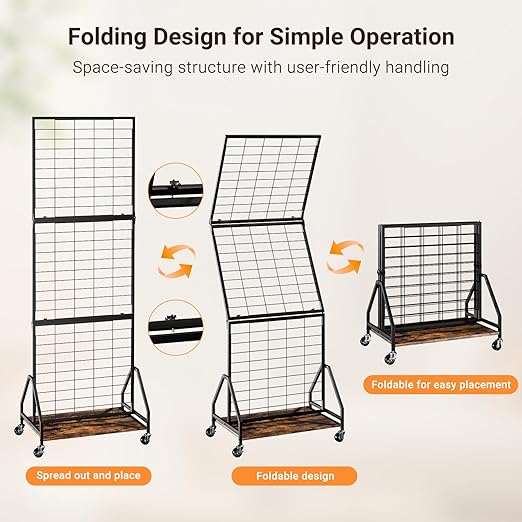 ELYKEN Foldable Grid Wall Panels 5.5' x 2' FT, Movable Wire Gridwall Display Rack with Wheels and Adjustable Foots, Retail Display Stand for Vendor with Storage (Rustic Brown)