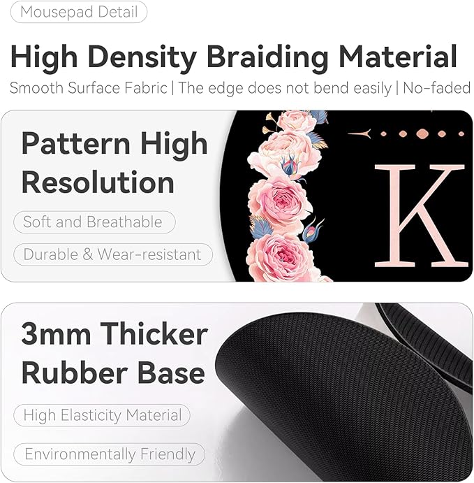 Letter K Black and Pink Flowers Round Mouse Pad - Funny Small Non-Slip Rubber Base Mat for Home Office Decor, Desk Accessories, 8.7 Inch