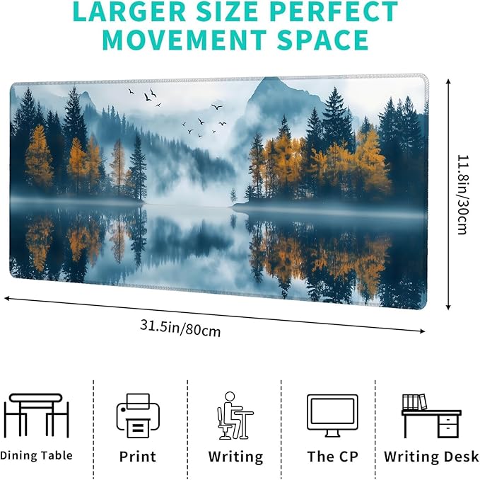 Mountain Lake Gaming Mouse Pad – 12x31.5in Non-Slip Rubber Desk Mat with Autumn Forest Misty Landscape Design – Large Extended Mousepad for Office Home – Deskmat Gifts for Nature Lover Decor
