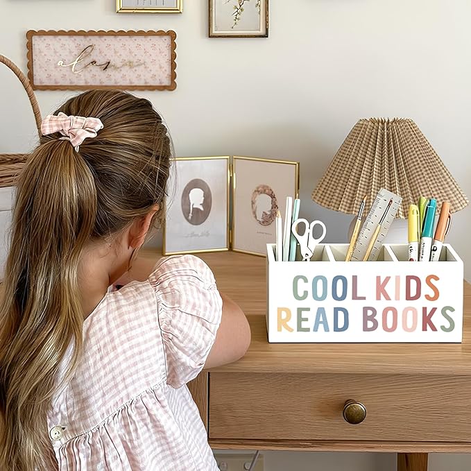 Book Lovers Gifts Pen Holder, Book Reader Gifts Pencil Holder for Desk, Boho Cool Kids Read Books Wooden Box Sign Decorations for Reading Room Corner Nook Classroom Desk Tabletop