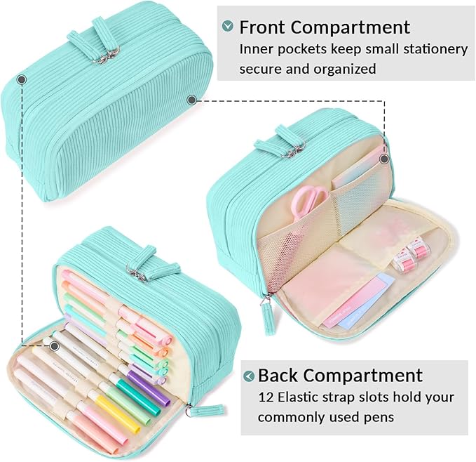 Sooez Big Capacity Pencil Case Pen Pouch, Soft Corduroy Pencil Bag with 3 Compartment, Multiple Pockets, Sturdy Zipper, Cute School Supplies Pen Bag Organizer For Teen Girls College-Mint Green