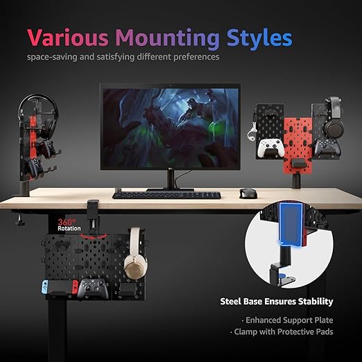PEGZONE Modular Headphone and Controller Holder for Game, Clamp-on Pegboard, Rotatable Controller Stand with Cable Hooks, Gaming Accessory for Xbox PS5 PS4 Nintendo Switch, 3Pcs Pegboard, Red