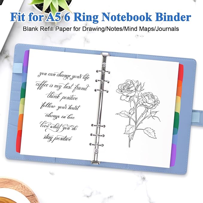 Antner A5 Blank Refill Paper 6-Hole Planner Inserts for A5 6-Ring Binders, 135 Sheets Planner Refills Loose Leaf Filler Paper with Binder Dividers for Refillable Notebook, Journal, Sketchbook, Dairy