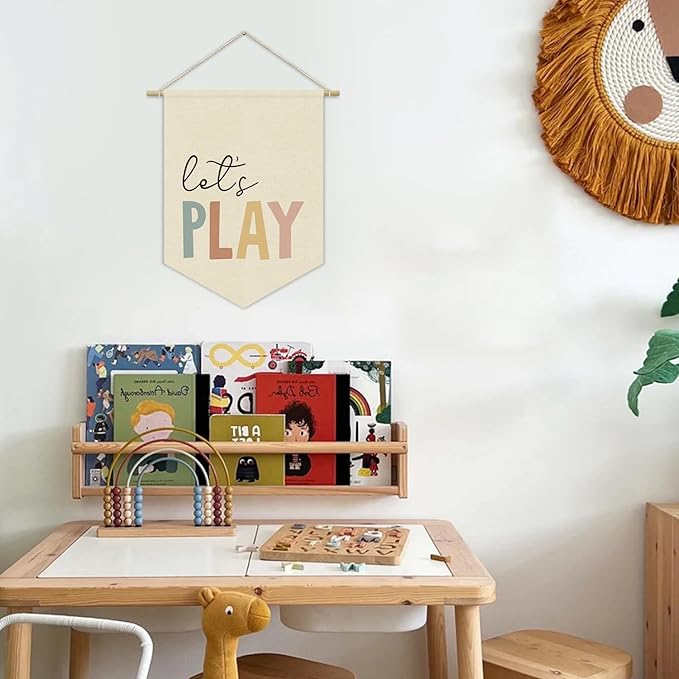 Playroom Sign Decor Let's Play Canvas Banner,Nursery Classroom Wall Art Canvas Hanging Pennant Flag Banner,Kids Room Homeschool Play Sign Wall Decor,Playroom Wall Decor Baby Room Decor 15x11in