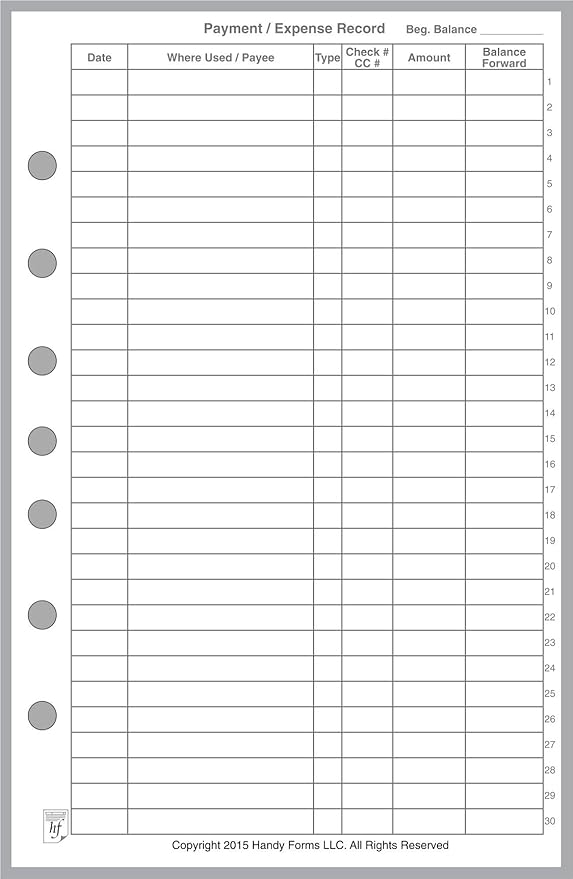 Classic Size Payment/Expense Record and Check Register, Sized and Punched with 7 Holes for 7-Ring Notebooks Such as Franklin, etc. (5.5" x 8.5")