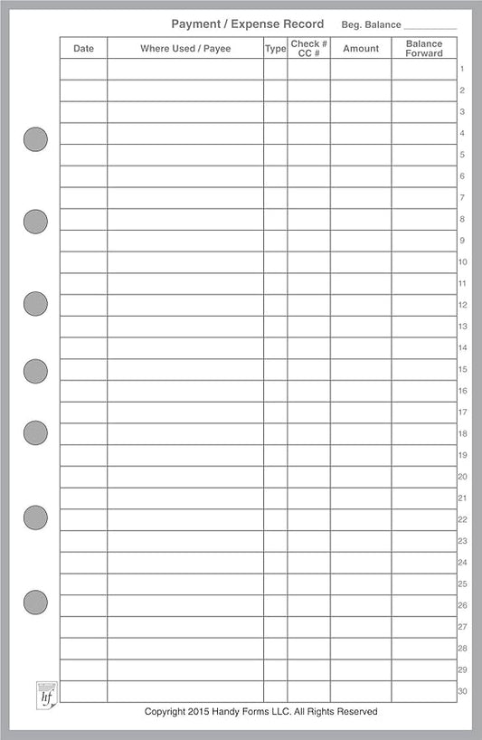 Classic Size Payment/Expense Record and Check Register, Sized and Punched with 7 Holes for 7-Ring Notebooks Such as Franklin, etc. (5.5" x 8.5")