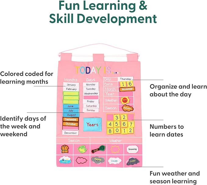 The Peanutshell Learning Calendar Wall Chart - Homeschool Supplies, Interactive Pocket Chart for Toddlers & Kids - Preschool Learning Activity Board, Circle Time Board for Classroom - Pink Today is