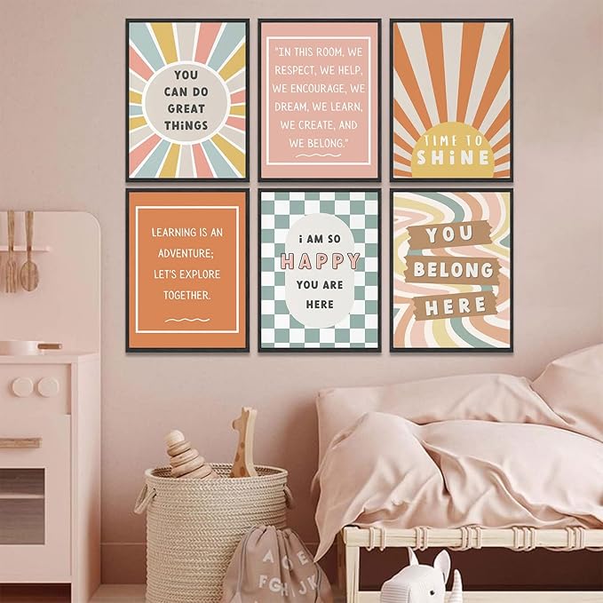 6Pcs Boho Inspirational Posters Wall Art Positive Affirmations Growth Mindset Canvas Wall Decor Pictures Modern Classroom School Posters Wall Prints for Children's Room nursery School 8x10in Unframed
