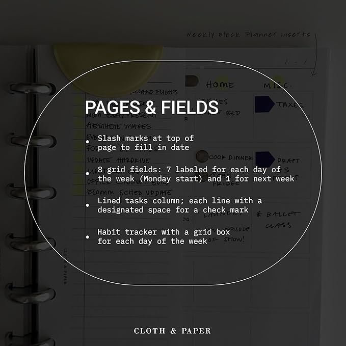 Cloth & Paper Weekly Admin Planner Inserts | Pocket Size 3.2 x 4.7 Inches | 6 Ring Punch | Monday Start | Minimalist Weekly Agenda Refill | Task List & Habit Tracker Planner Pages for Pocket Planners