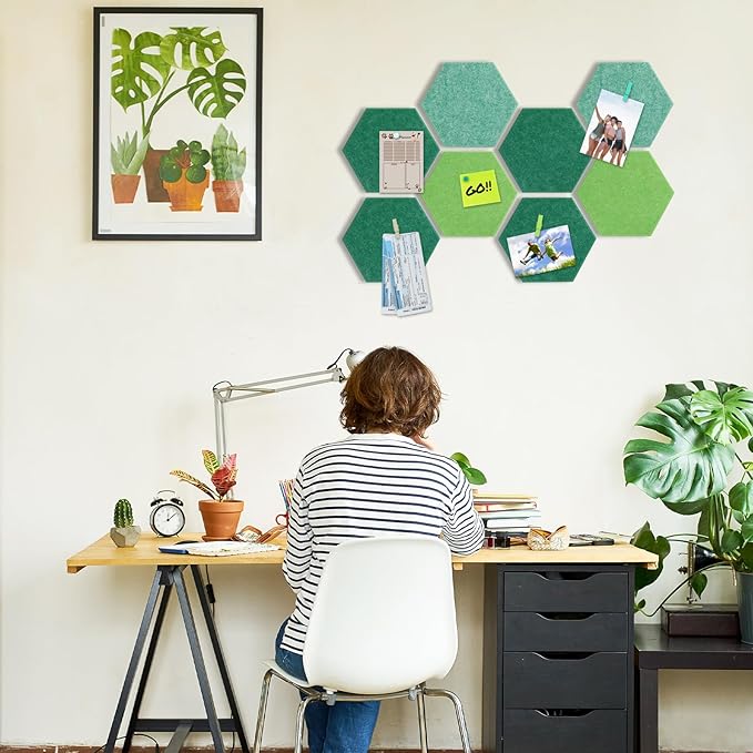 8 Pcs 12" Large Hexagon Felt Cork Board Tiles Self Adhesive DIY Bulletin Board Pin for Office Home Wall Decor Stickers Memos Photos Display with 10 Multi-Color Clip Drawing Pins(Green)
