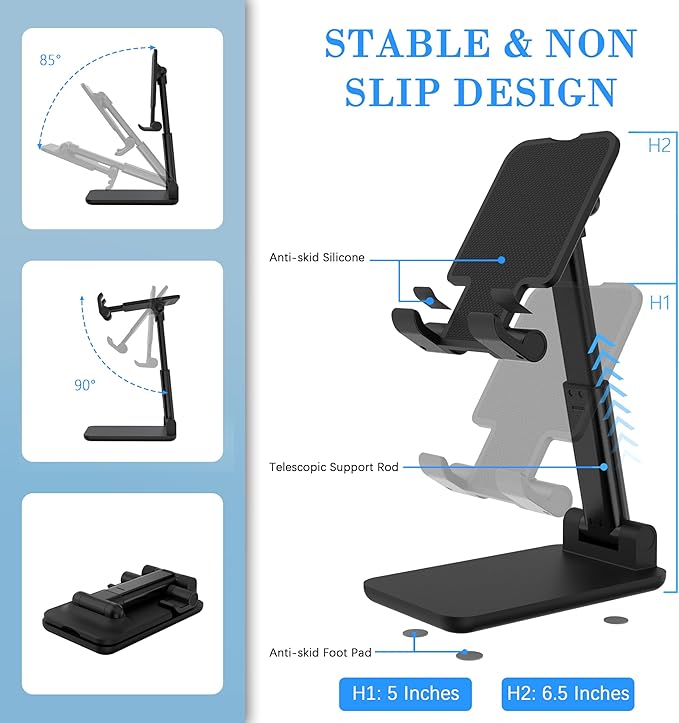 Cell Phone Stand, Adjustable Angle and Height Cell Phone Holder for Desk, Foldable and Portable, Anti-Slip Silicone Pad, Compatible with All Mobile Phones and 4-8 Inch Devices, Black