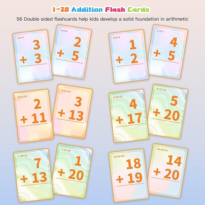 Addition Flash Cards, Math Facts Flashcards 1-20, Manipulatives Games for Kindergarten, 1st, 2nd, 3rd, 4th, 5th, 6th Grade Kids Ages 4-12