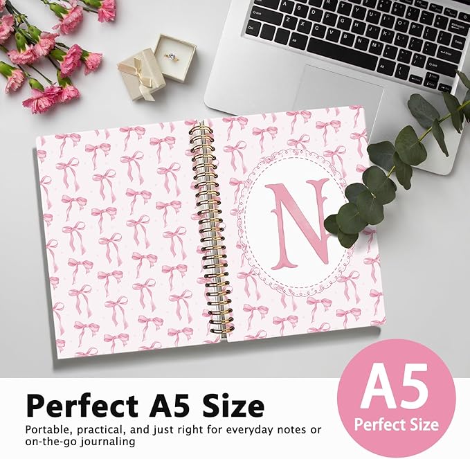 LIANGW Pink Bow Journal Notebook for Teen Girls,Initial N Journals Personalized Diary Gifts for Teen Girl Kids, Monogrammed Gifts for Women, Coquette Cute Hardcover Spiral Notebook 5.5 x 8.3