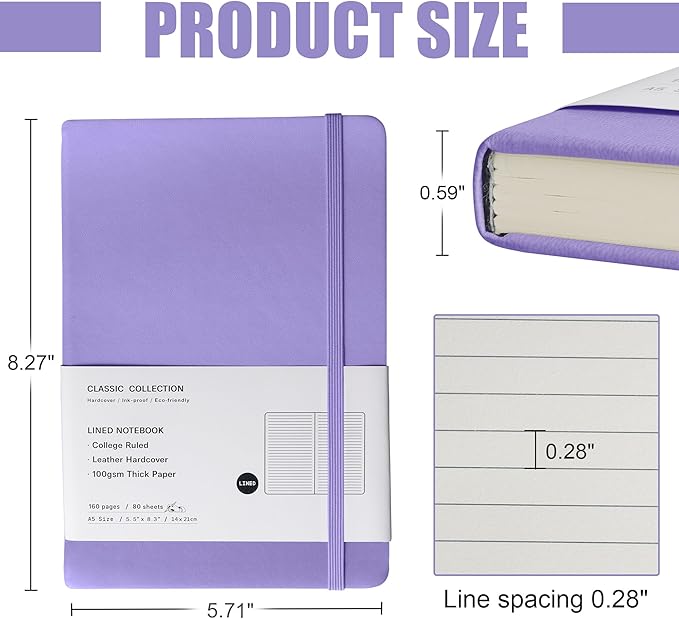Lined Journal Notebook, 6Pack Hardcover Notebook for Men & Women – Journals for Writing, Work, School, Home & Daily Notes, 160 Pages – Medium A5, 5.7"x8", 100 gsm Thick Paper (Mauve)