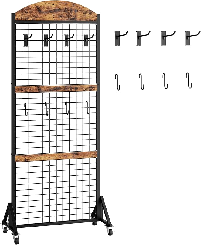 Grid Wall Panel 5.7' x 2' FT Grid Display Rack, 2 Pack Movable Gridwall Display Stand with 8 S-Shaped Hooks and 8 Garment Hooks, Floorstanding Wire Grid Rack, Rustic Brown and Black TCJ17P2BF