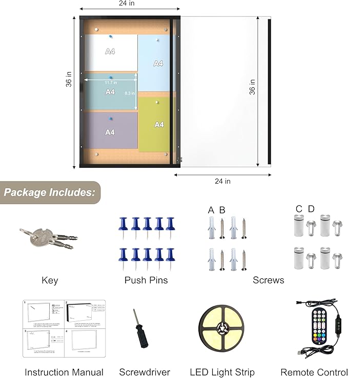 24"X36" Enclosed Bulletin Board with LED Lights, IP65 Waterproof Notice Board Outdoor UV-Resistant, Lockable Cork Bulletin Board for Office, School, Restaurants