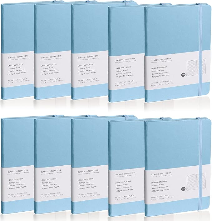 Lined Journal Notebook, 10Pack Hardcover Notebook for Men & Women – Journals for Writing, Work, School, Home & Daily Notes, 160 Pages – Medium A5, 5.7"x8", 100 gsm Thick Paper (Sky Blue)
