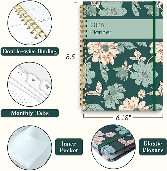 2026 Planner, A5 Weekly and Monthly Planners with Tabs, Spiral Bound Daily Calendar 2026 Planner, Agenda Organizers from Jan. to Dec., Hardcover Habit Tracker Journal 6.18" x 8.5" (Green Flower)