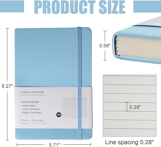 Lined Journal Notebook, 10Pack Hardcover Notebook for Men & Women – Journals for Writing, Work, School, Home & Daily Notes, 160 Pages – Medium A5, 5.7"x8", 100 gsm Thick Paper (Sky Blue)