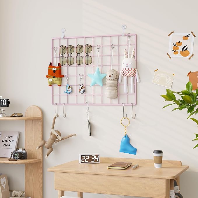 C&AHOME Photo Wall Display Set of 2, Grid Panel with Hooks, Clips, Hemp Cord, Hammer - 15.7" x 11.8", Pink UWWGM3402P