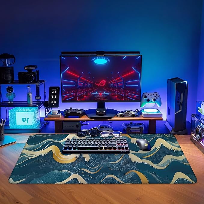 Ocean Waves Extended Gaming Mouse Pad 35.4 x 15.7 Inch – Large Desk Mat for Gaming, Office, and Home Use, with Non-Slip Rubber Base and Smooth Cloth Surface