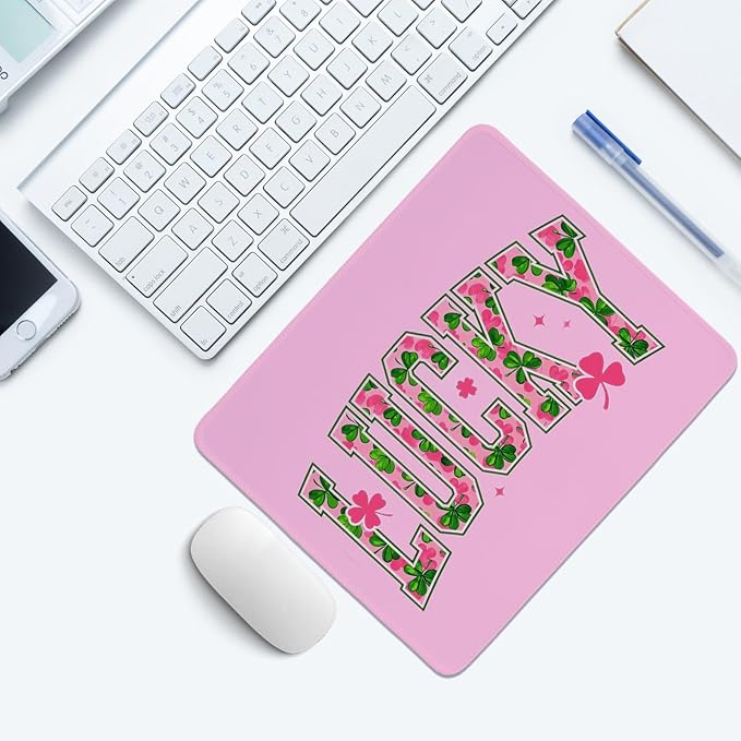 Cute St Patricks Day Mouse Pad,Pink Shamrock Mouse Pad,Shenanigans Lucky Desk Mat, Lucky Clover Pattern Desk Mat for Dorm Home Office Decor,St Patricks Day Gift,10.2x8.3 Inch