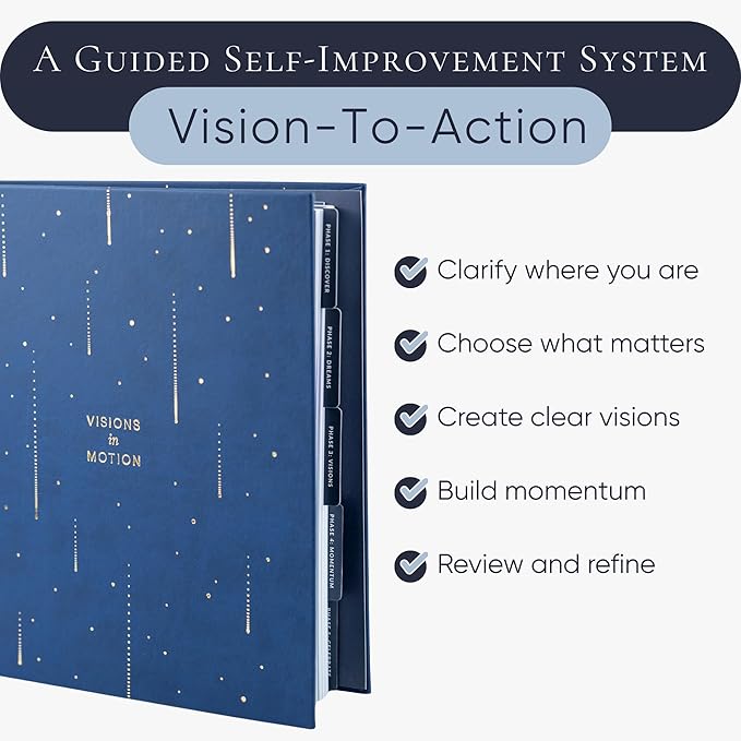Manifestation Journal & Vision Board Kit Guided Journal | Habit Tracker & Goal Planner, Self Care & Reflection Tools | Undated Vegan Leather Hardcover | Visions in Motion Portable Vision Board (Navy)