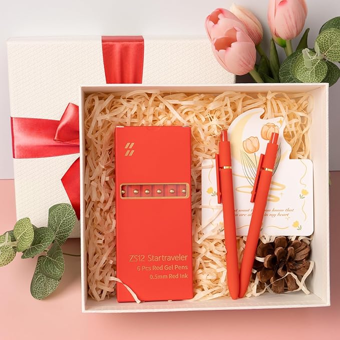 6 Pcs Red Ink Pens for Journaling 0.5mm Fine Point Red Gel Ink Pens, Smooth Writing Quick Dry Pen for Note Taking, Gift Set for Women & Men (6 Pcs Red Gold)