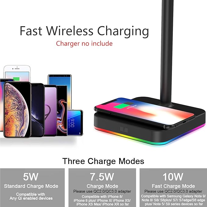 KAFRI RGB Dual Headphone Stand with Wireless Charger Desk Gaming Double Headset Holder Hanger Rack with 10W/7.5W QI Charging Pad - Suitable for Gamer Desktop Table Game Earphone