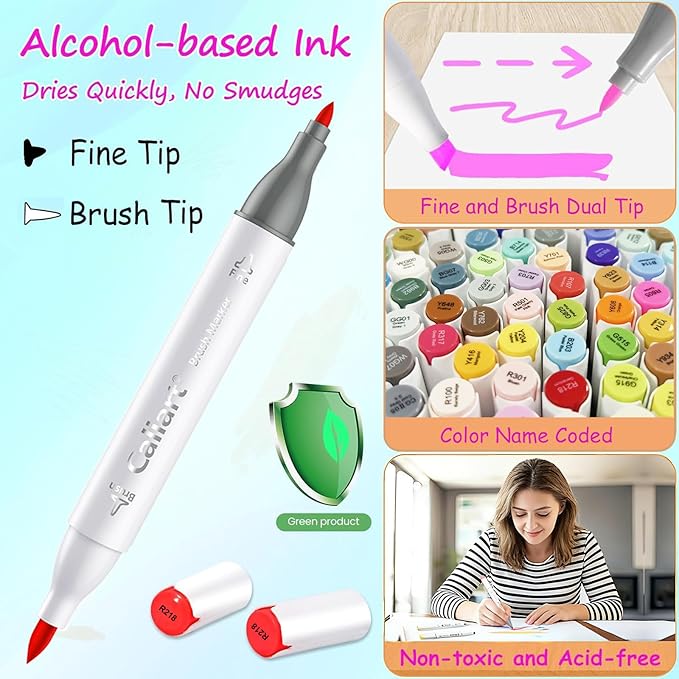 Caliart Art Markers, 41 Colors Alcohol Marker Pen Set Dual Tip Brush & Fine Permanent for Coloring Highlighters Anime Illustration Card Making Underlining Drawing Gifts