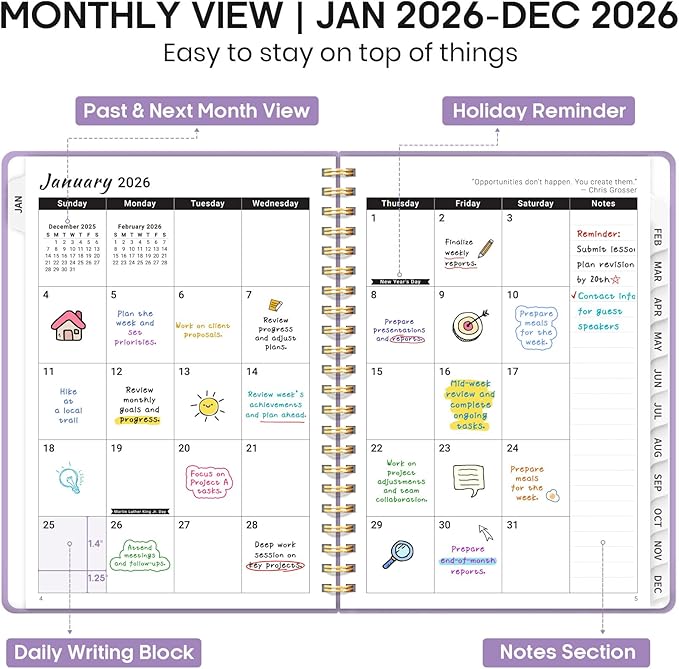 2026 Planner, Weekly and Monthly Calendar Planner Book, January 2026 - December 2026, Hardcover Spiral Planner with Monthly Tabs, Notes Pages, Perfect for Women & Men, A5 (6.4" x 8.5") - Lavender