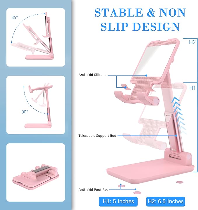 Cell Phone Stand, Angle Height Adjustable Cell Phone Holder for Desk, Fully Foldable with Silicone Pad, Compatible with iPhone and All Mobile Phones Tablet, Sturdy Weighted Base (Pink-2)
