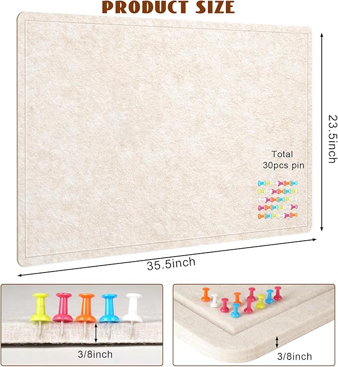 Bulletin Board, 36 X 24 inches Cork Board with 20 Pushpin, Felt Cork Board Notice Pin Board, Self-Adhesive Vision Board Mood Board Foldable Photo Board for Wall - Oatmeal