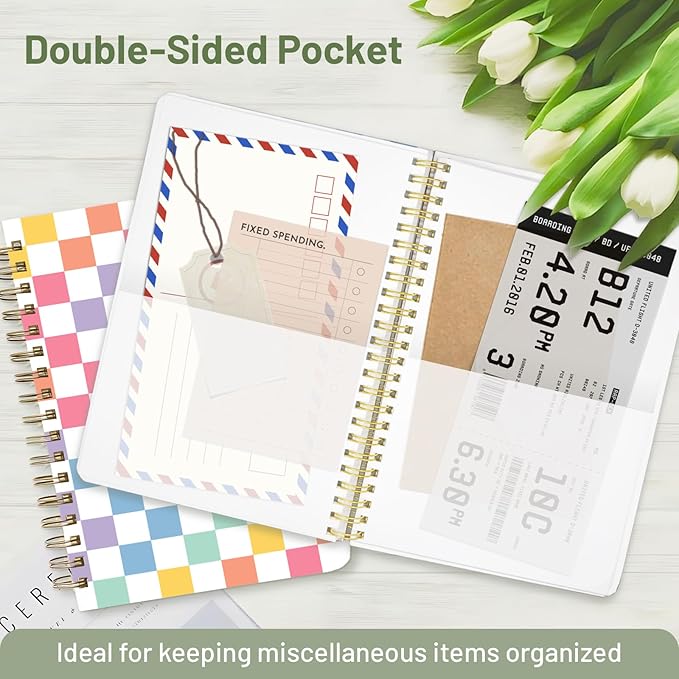 Stanoha Cute Spiral Notebook A5 Journal for Women Girls Kawaii Aesthetic Pretty Floral Design with Pocket, 8.5 x 5.7 inch, Line, Color Plaid