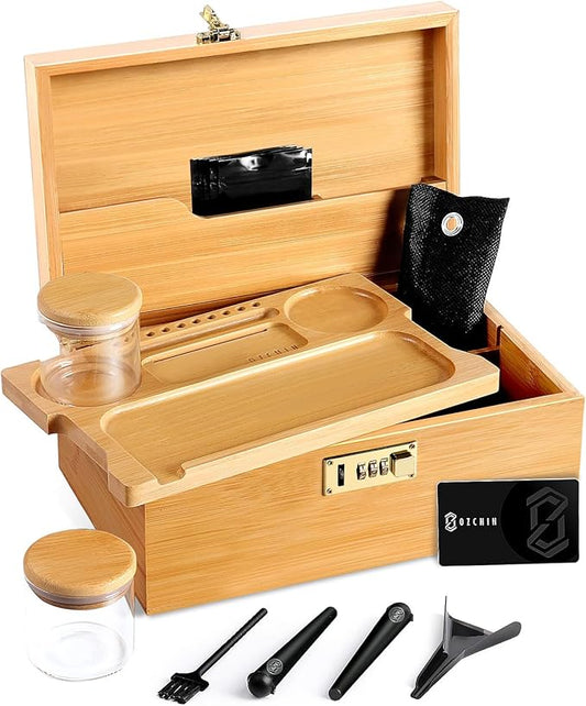 OZCHIN Large Bamboo Box with Combination Lock Decorative box for Home Great Gift Choice Storage Lockbox with Storage Jar, Christmas Gifts for Men Women