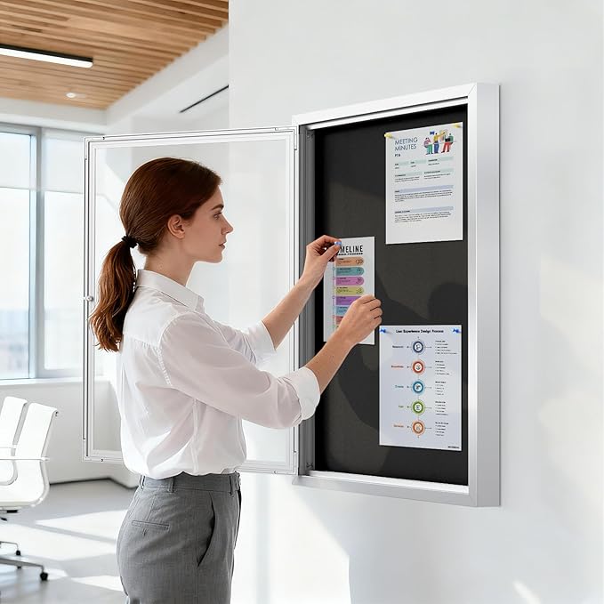 SWANCROWN Outdoor Bulletin Board Weatherproof 36x24in, Enclosed Bulletin Board with Locking Door Wall Display Case for Office School Commerce Show, Black Felt, Sliver Aluminum Frame