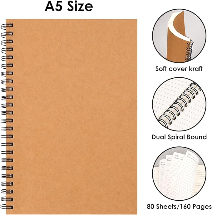 LABUK 4 Pack Lined Kraft Spiral Notebook, 160 Pages 5 x 8in Soft Cover Inspirational Journals Notebooks, DIY Motivational Kraft for Gifts, Office, School Supplies