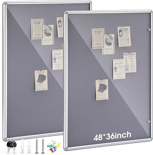 Suzile 2 Pcs Gray Enclosed Bulletin Board Lockable Cork Case Notice Board Aluminum Framed Waterproof Locking Cabinet with Mounting Screws for School Class Office Wall Display Pictures 48x36 Inch