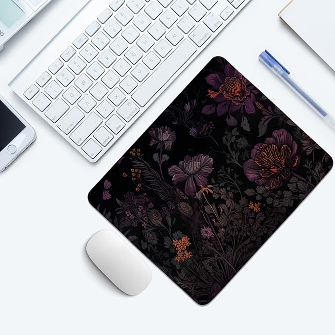 Dark Cottagecore Mouse Pad,Black Floral Mouse Pads,Vintage Wildflower Desk Mat Purple Botanical Desk Mat for Home Office Dorm Desktop Decor,10.2x8.3 Inch