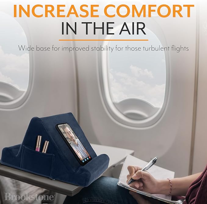 Brookstone Tablet Lap Cushion - Tablet and Phone Holder for Bed, Flights, and Travel, Two Angled Memory Foam Lap Desk for Reading and Hands Free Viewing, Compatible iPad and Kindle Accessories, Blue