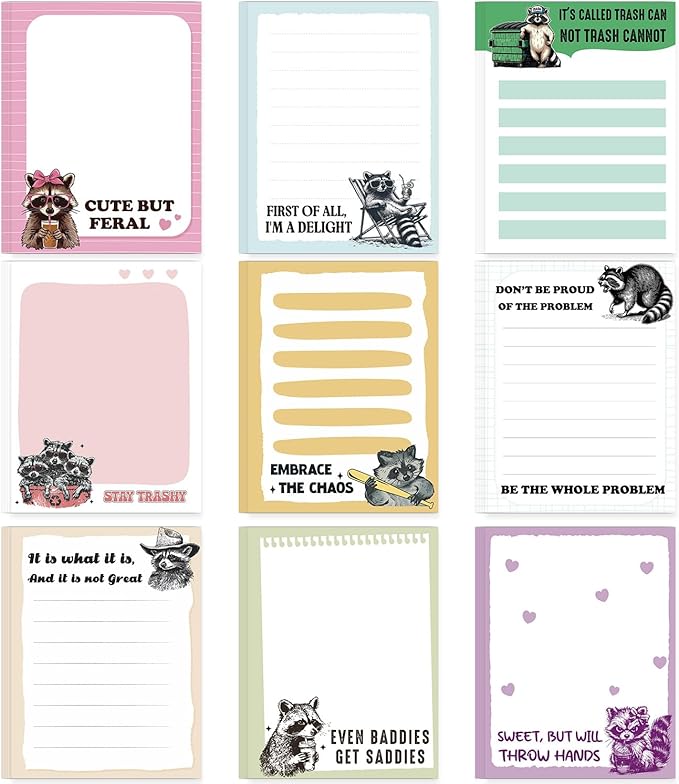 Raccoon Sticky Notes Gifts, 9 Pack Funny Raccoon Notepads 3x4 Inch, Animals Themed Self-Stick Memo Pads, Office School Supplies for Men Women, Funny Gifts for Students Coworkers (450 Sheets)
