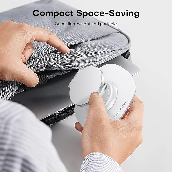 OMOTON 360°Rotating Magnetic Phone Stand for Desk, Adjustable Foldable Aluminum for MagSafe Cell Phone Stand Holder with Non-Slip Base, for iPhone 16/15/14/13 Pro Max (White)