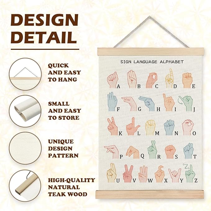LUVADIAN asl alphabet poster Hanger Frame,sign language poster,alphabet posters for classroom wall,sign language book for kids,Toddler Learning Posters for Nursery Kids Room,16x24 Inches