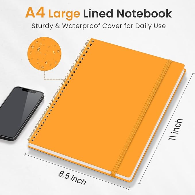 Taja Spiral Lined Notebook, 8.5"x11" Notebooks for Work, Large A4 Journal for Women & Men, College Ruled Journaling Notebook for Writing, Plastic Cover Spiral Journal, Yellow