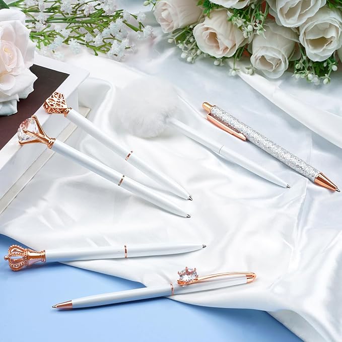 WEMATE 8Pcs Ballpoint Pens Set Metal Crystal Diamond Pen Glitter for Journaling White Pen Bling in Black & Blue Ink Pretty Cute Pens Fancy Pens Mothers Day Gifts for Women Wedding School Office(White)