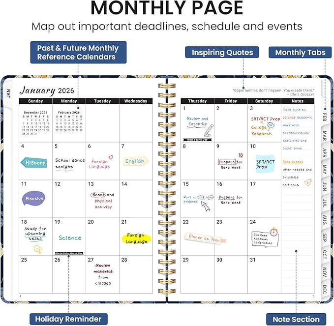 2026 Planner, Weekly and Monthly Calendar Planner for Women, Jan 2026 - Dec 2026, Hardcover Planning Agenda book with Tabs, Spiral Bound, Inner Pocket, Perfect for School Office Supplies, 6.3" x 8.5" - Midnight Magnolia