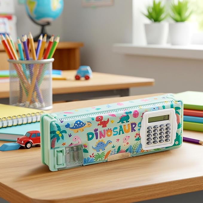 Henoyso Multifunctional Pencil Box for Boys Dinosaur Pencil Case with Calculator and Sharpener Cool Cute Pencilcase School Supplies Essentials Christmas Birthday Gift Present for Kids Teens
