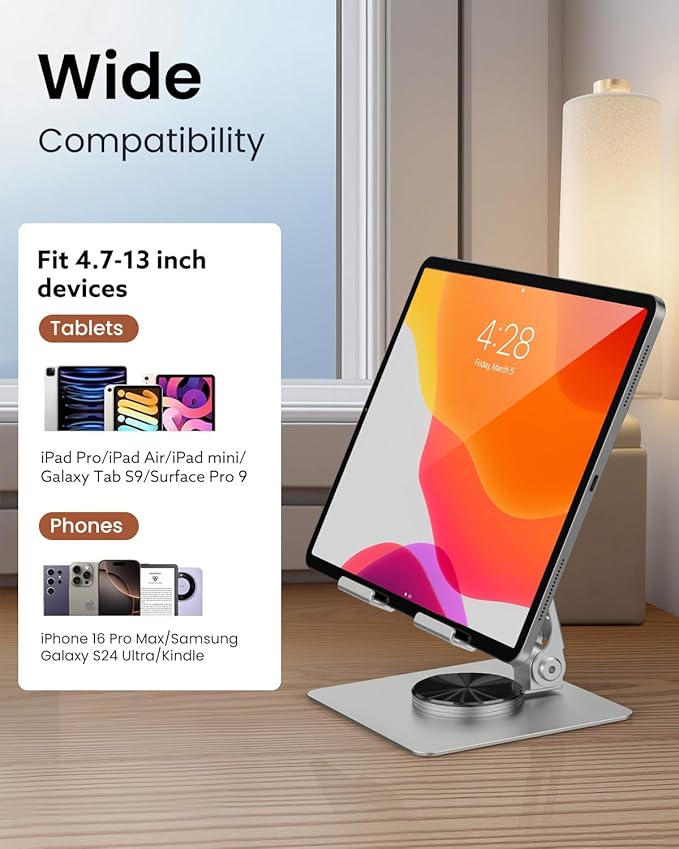 TIGRIS Tablet Stand 360° Rotating,Adjustable & Foldable, Super Sturdy Super Stable & Portable Tablet Holder for Office, Kitchen Compatible with iPad9.7,10.5,12.9, iPad Pro 11/12.9/13Air/Mini/Pro