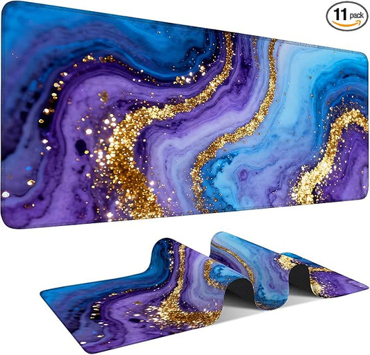 Blue and Gold Stripes Extended Gaming Mouse Pad 35.4x15.7Inch Large Desk Mat Anti-Slip Rubber Base & Durable Stitched Edges for Gamers Smooth Mouse Writing Surface for Desk Office/Home